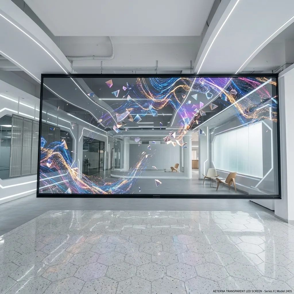 GUOJIA LED Holographic Invisible Screen installed on a glass wall